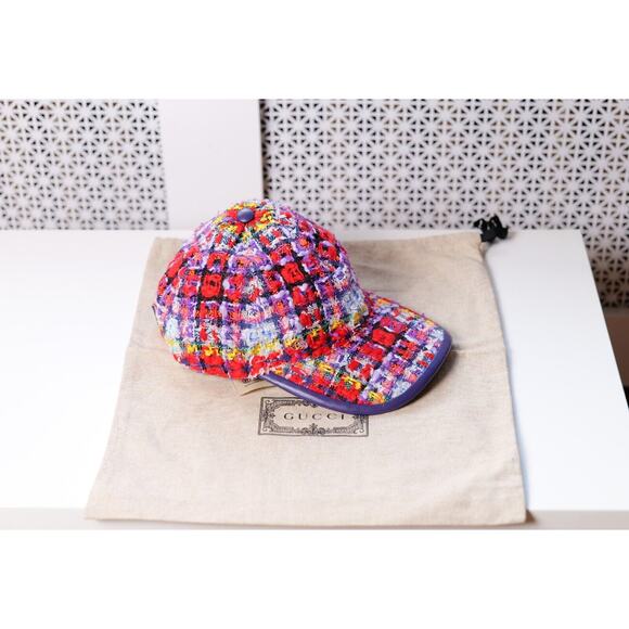 Gucci Red Tweed Multi-Color Leather Trim Baseball Cap (Size S) RRP $860 - Picture 2 of 8
